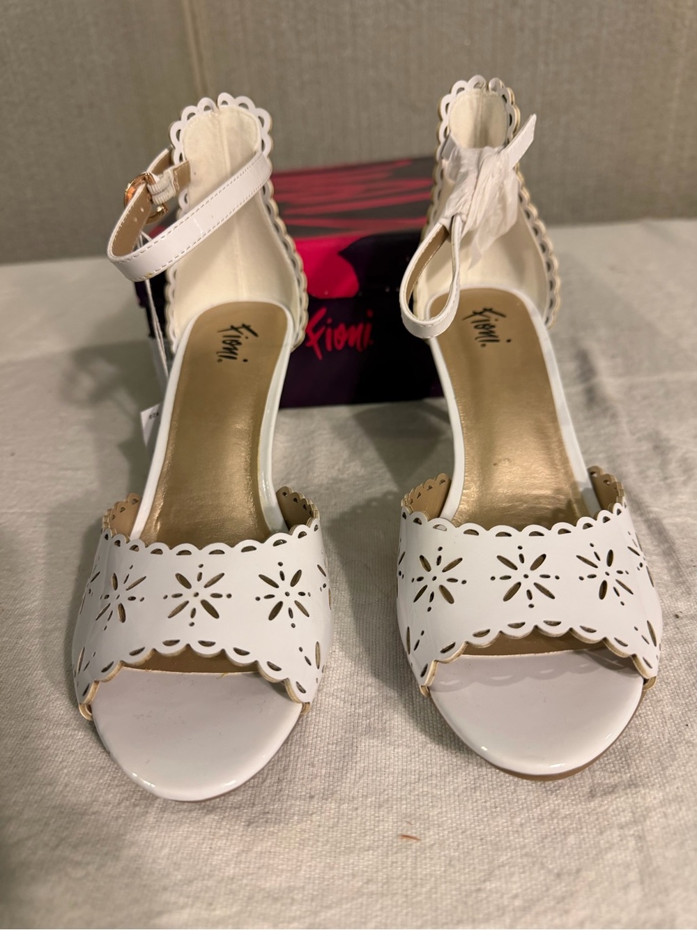 FIONI Clothing White Scalloped Laser-Cut Ankle Strap Heels